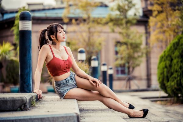 model,brunette,long hair,Asian,depth of field,trees