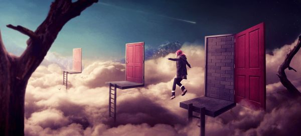 fantasy art,ladders,1750x796 px,door,jumping,surreal