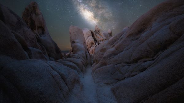 Skála,Příroda,Národní park Joshua Tree,noc,sníh,zima