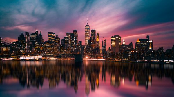 Kota New York,fotografi,Amerika Serikat,refleksi,matahari terbenam,pencakar langit