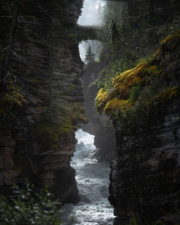 cascadă,National Park Jasper,Canada,Athabasca Falls,faleza,dealuri