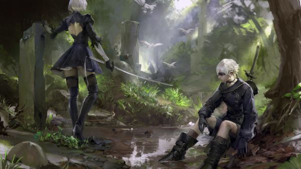 obra de arte,arte digital,Nier Automata,2B Nier Automata,Katana,Fantasia arte