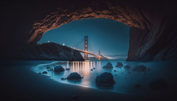 ai art, Golden Gate Bridge, Blue hour, agua, ponte, caverna