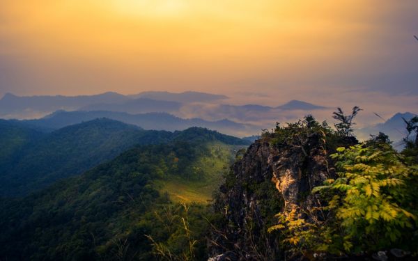 luce del sole, paesaggio, foresta, montagne, tramonto, collina