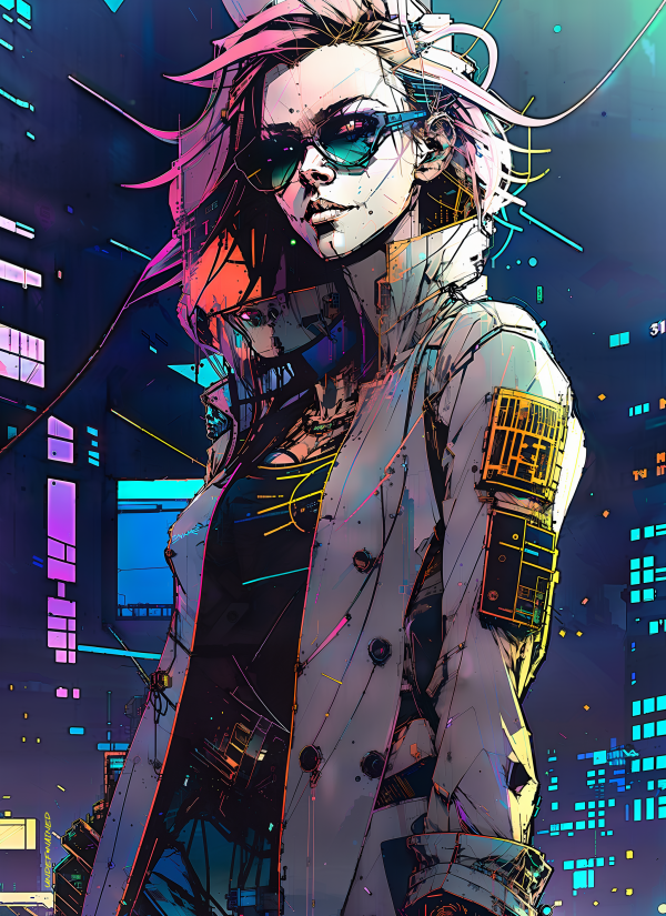 inkpunk,cyberpunk,ai art,rosa hår,solglasögon,jacka