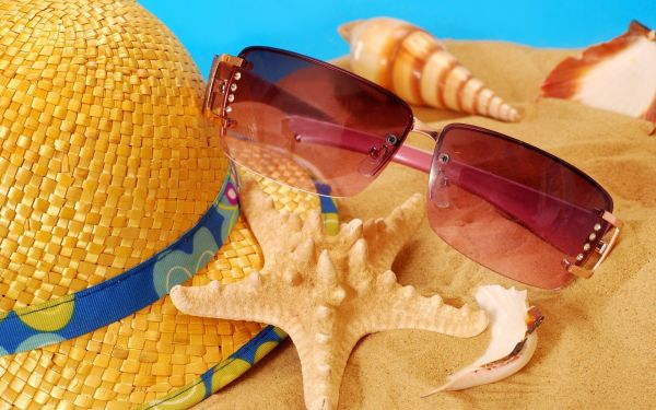 sunglasses,hat,summer,starfish,sand