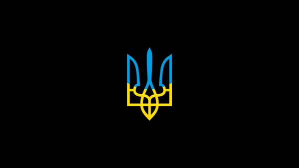 coat of arms,Ukraine,black background,minimalism,blue,yellow