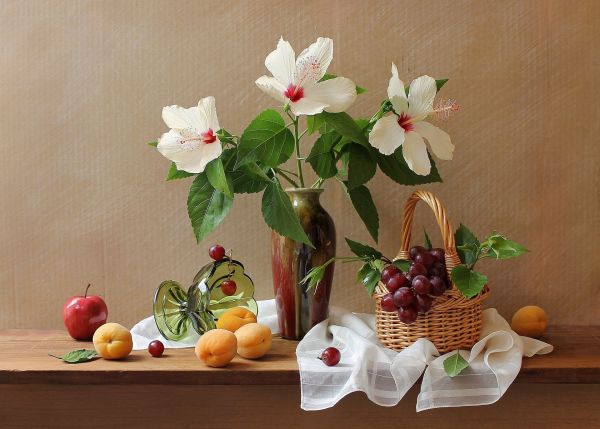 apples, apricots, grapes, 1920x1373 px, basket, flowers