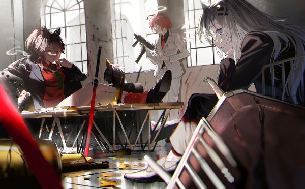 anime,anime girls,artwork,weapon,sword,gun