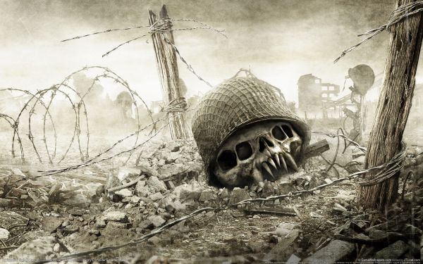 barbed wire, video games, monochrome, helmet, skull, Resistance Fall of Man