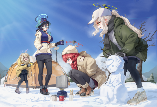 smiling,blue archive,squatting,group of women,kagami chihiro,snowman