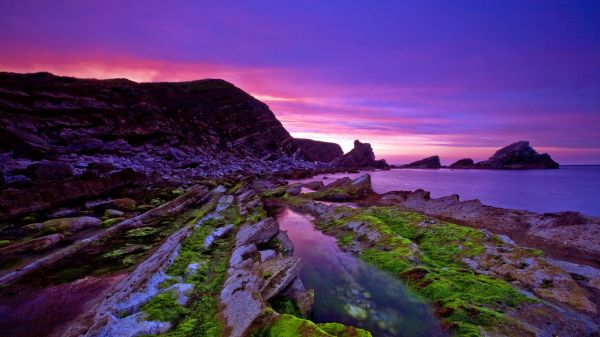 landscape, sunset, sea, bay, water, rock