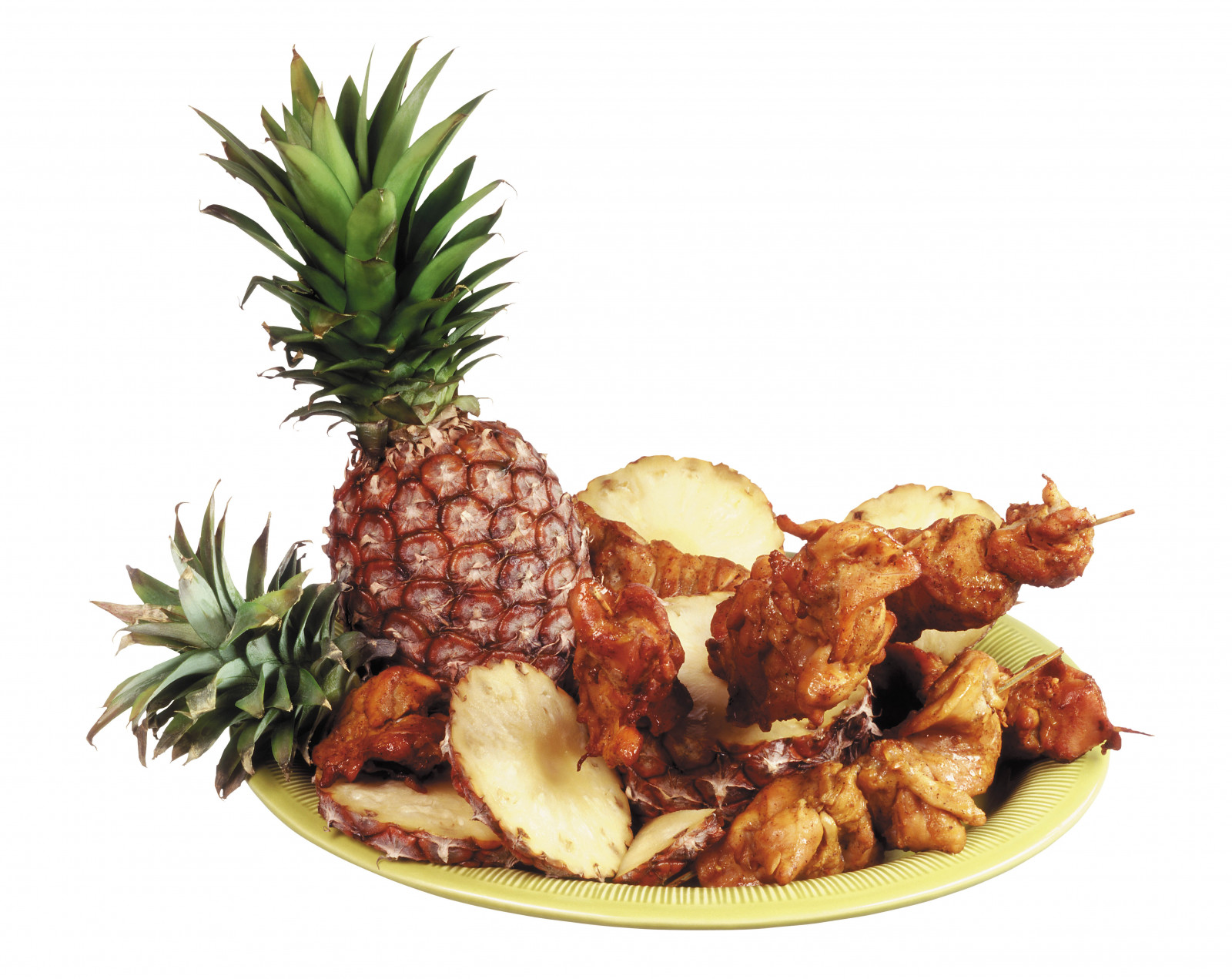 barbecue, meat, pineapple, Plate, white background