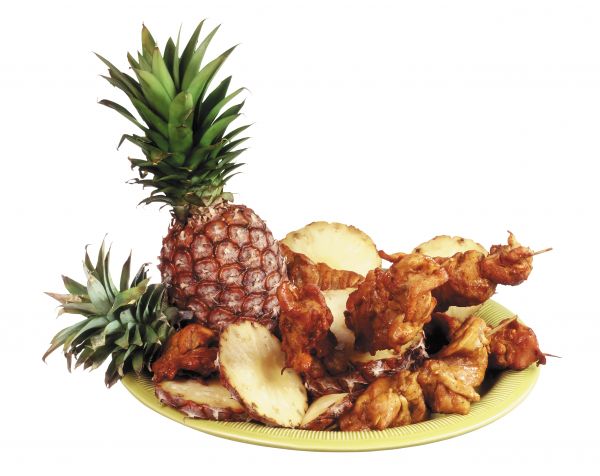 barbecue,meat,Plate,pineapple,white background