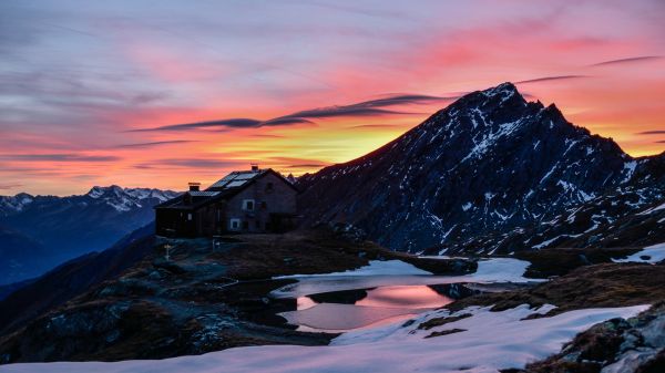 paisaje,naturaleza,lago,montañas,puesta de sol,nieve