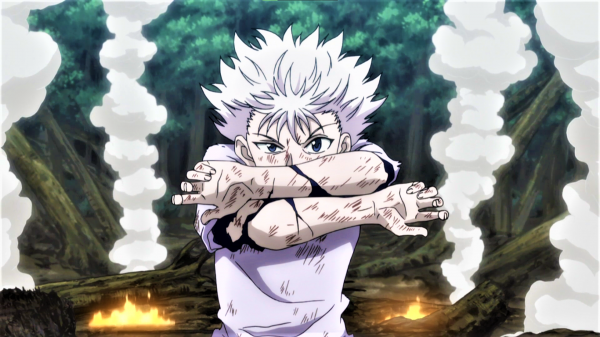 Hunter X Hunter,Killua Zoldyck,palić,białe włosy,ogień,drzewa