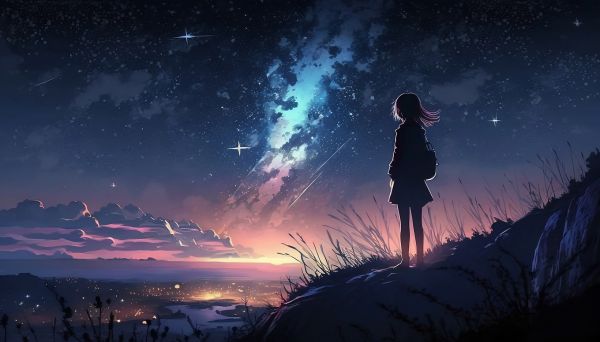 anime girls,paesaggio,stelle cadenti,notturno,cielo notturno,stelle