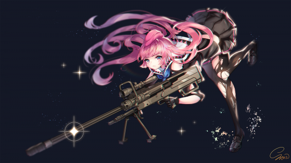 meias,Rifle de atirador furtivo,saia,cabelo rosa,Meninas anime,Meninas com armas