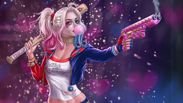 Harley Quinn,DC Comics,mitralieră,bâtă de baseball,gumă de mestecat,armă