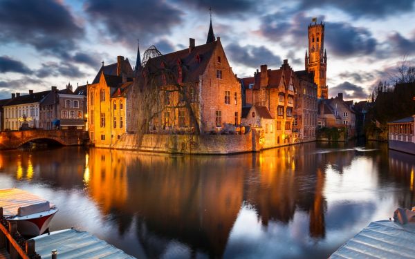 des arbres, Paysage urbain, architecture, lumières, bateau, ville