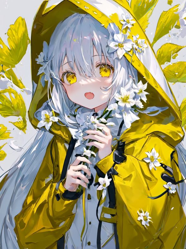 Chicas anime,pelo blanco,Flores,impermeable amarillo,ojos amarillos,impermeable