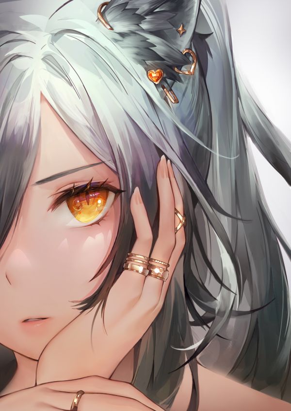 looking at viewer,hand on face,Arknights,Schwarz Arknights,jewelry,cat girl