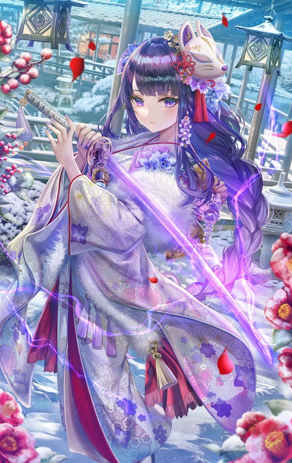 kimono, Genshin Impact, Torino Akua, portrait display, snow, mask