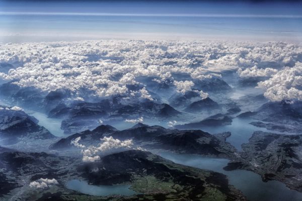 panorama, montanhas, mar, céu, agua, inverno