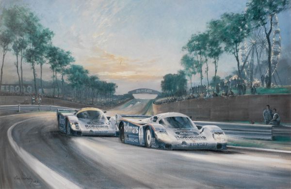 opera d'arte,pittura ad olio,Le Mans,tramonto,Porsche 956,Jacky Ickx