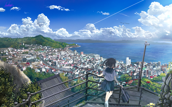 panoráma,mraky,město,anime,anime sky,panoráma města