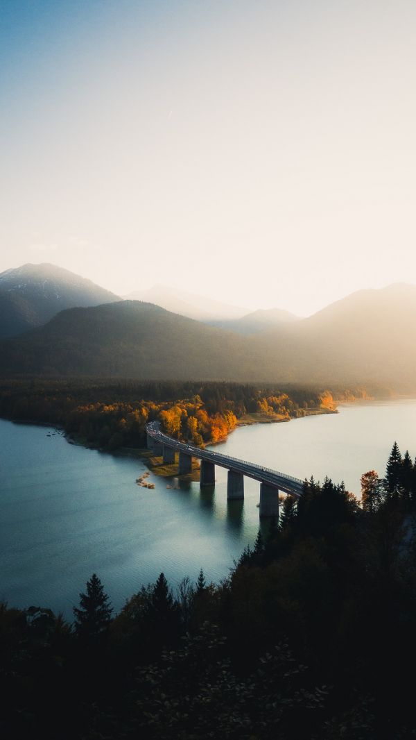 bro,solnedgang,bjerge,sø,natur,træer