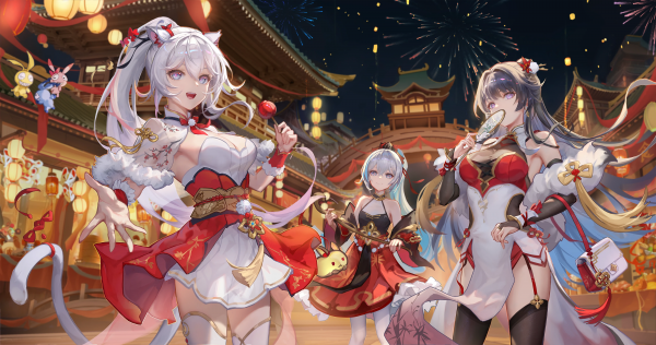 groep vrouwen,Honkai Impact 3rd,nacht,women trio,dierlijke oren,lantaarn