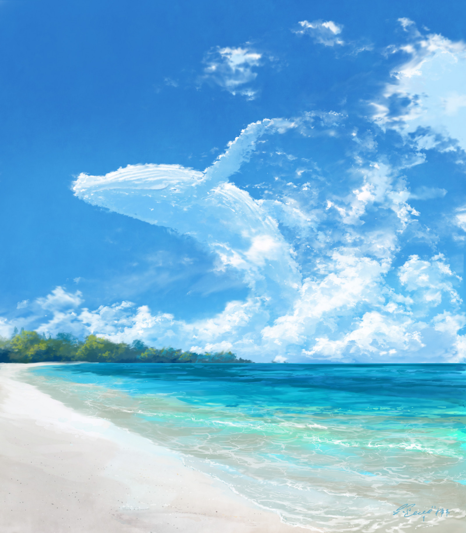 Pixiv, karya seni, seni digital, ikan paus, air, hewan, langit, awan-awan, pantai, pasir, tampilan potret