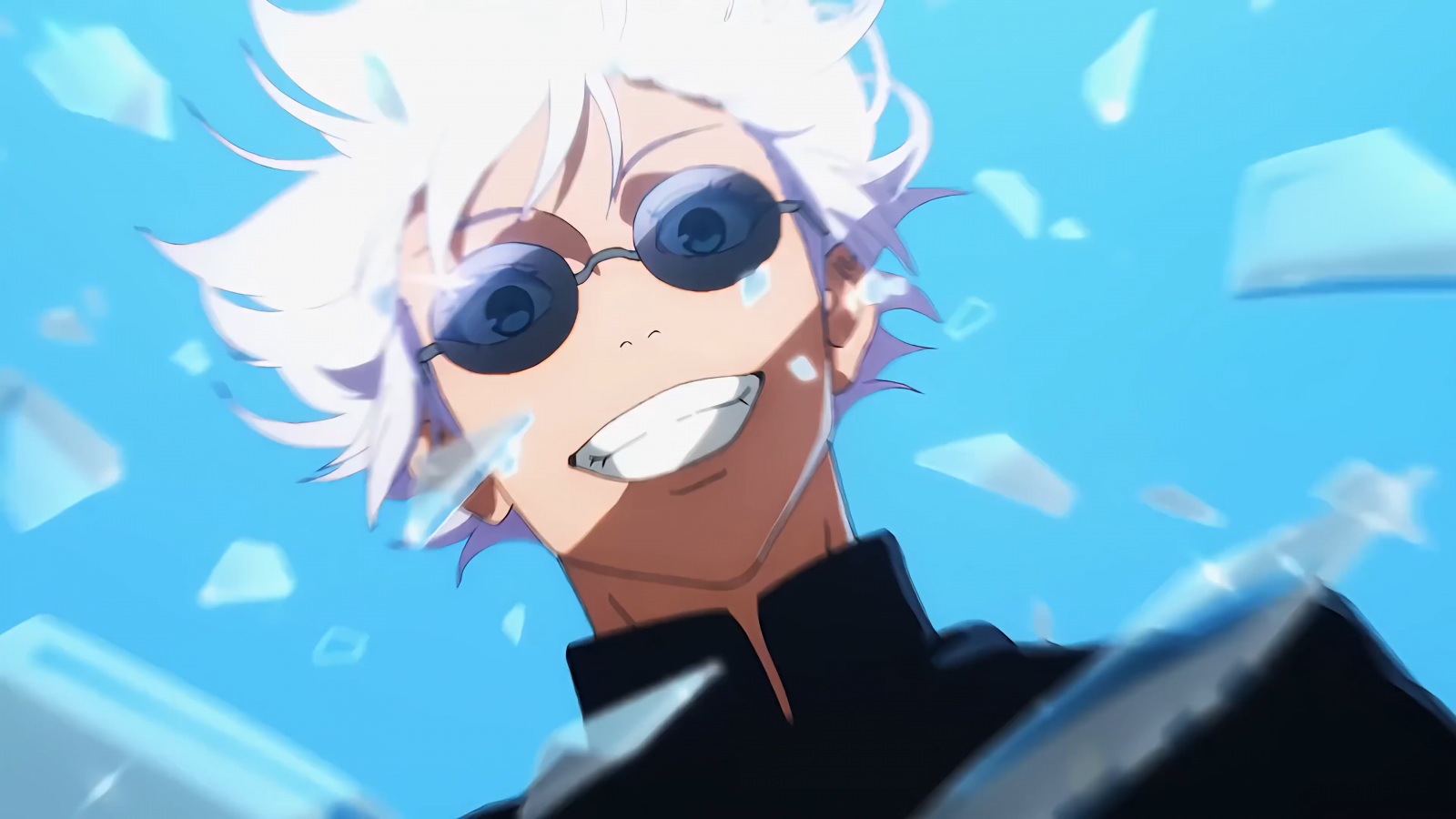 Jujutsu Kaisen, Satoru Gojo, anime, Anime screenshot, anime pojkar, leende, solglasögon, himmel, krossat glas, tänder, ser tittaren