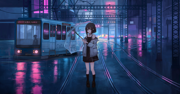 anime girls,train station,anime couple,metalanguage,anime creatures,rain