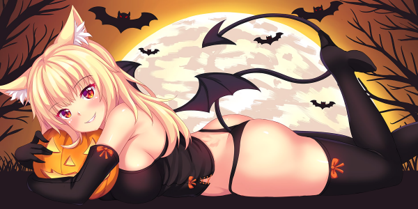 Cycki,blond,Nekomimi,dynia,Halloween,Black wings