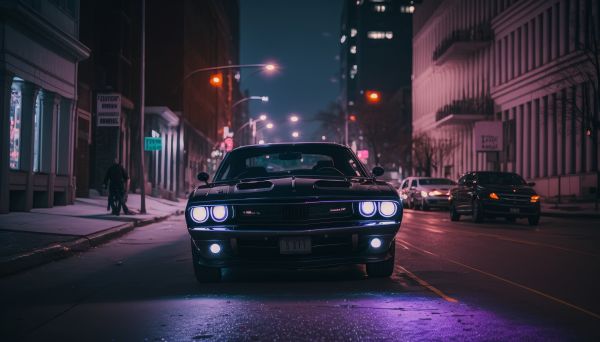 ai art,nuit,Dodge Challenger,rue