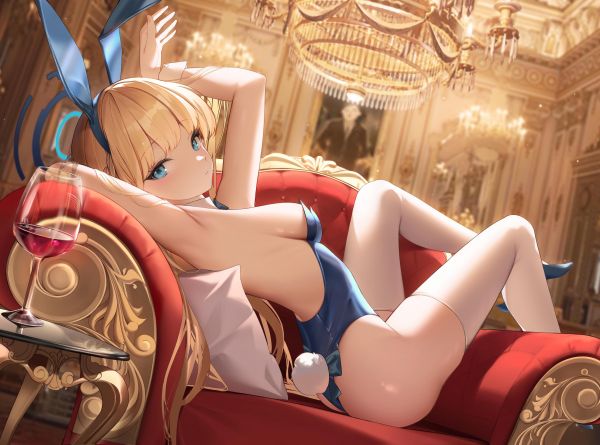 anime girls,blue archive,blonde,bunny suit,looking at viewer,ass