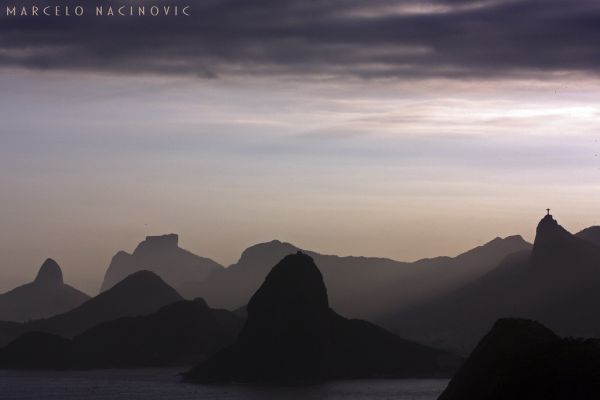 風景,日没,海,岩,シティ,丘