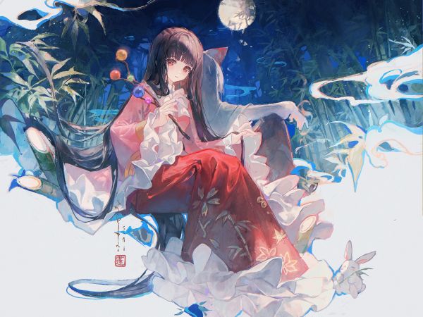 Maccha,Anime cô gái,Touhou,Houraisan Kaguya,Fujiwara no Mokou,Mặt trăng