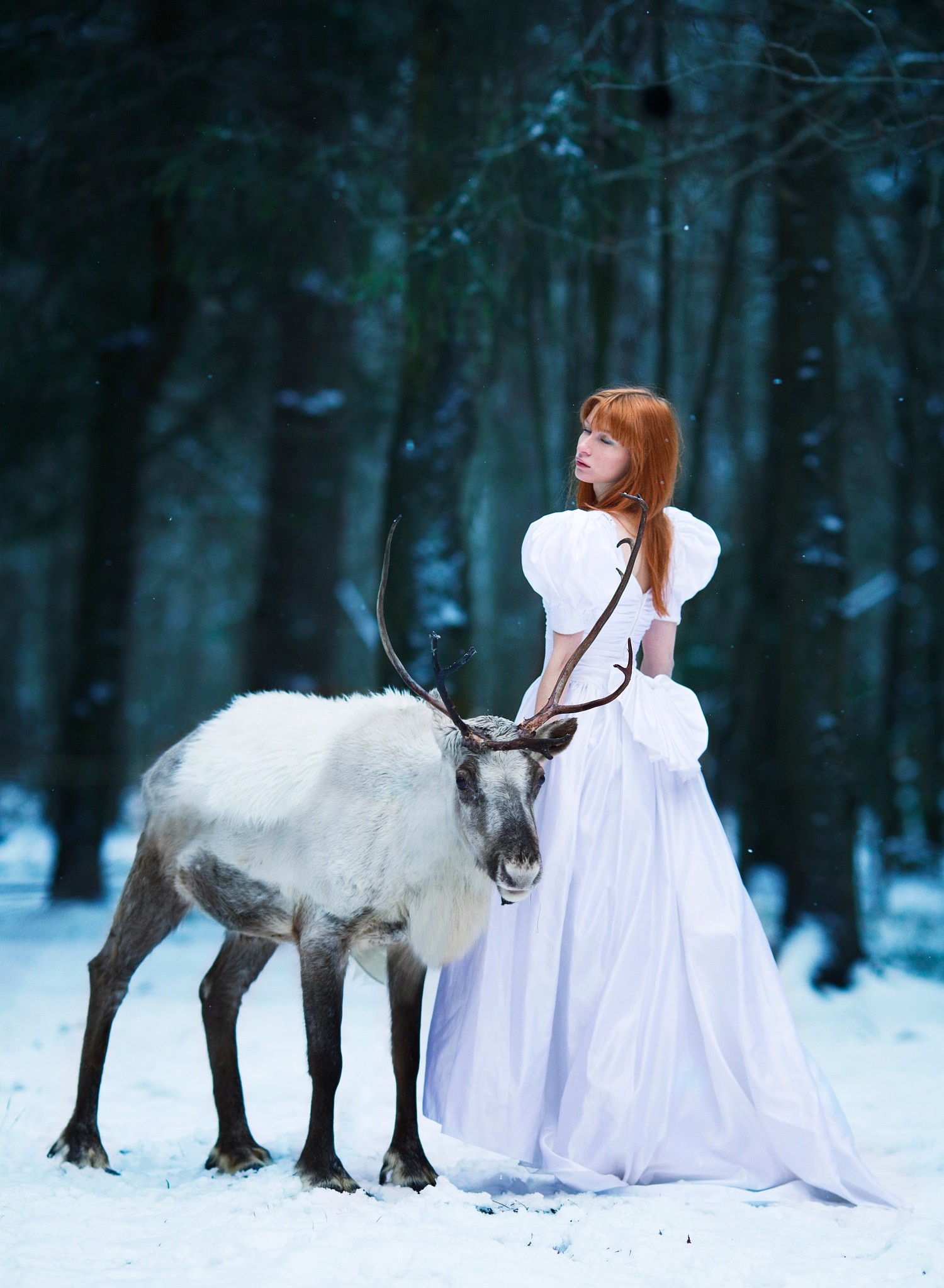 deer, animals, women, model, fantasy girl, snow, winter, Dasha Kond, season