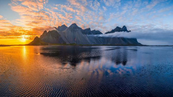 natur,landskap,Island,Strand,Vestrahorn,hav