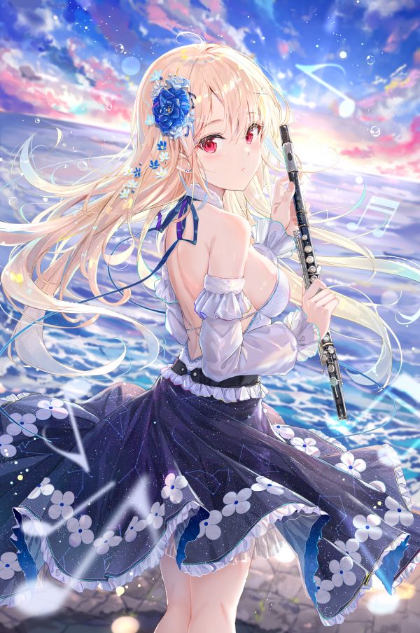 Filles anime,Affichage du portrait,blond,Regarder la visionneuse,instrument de musique,les yeux rouges