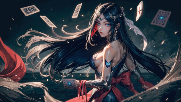 anime jenter,League of Legends,Irelia League of Legends,solo,ai art,mørkt hår