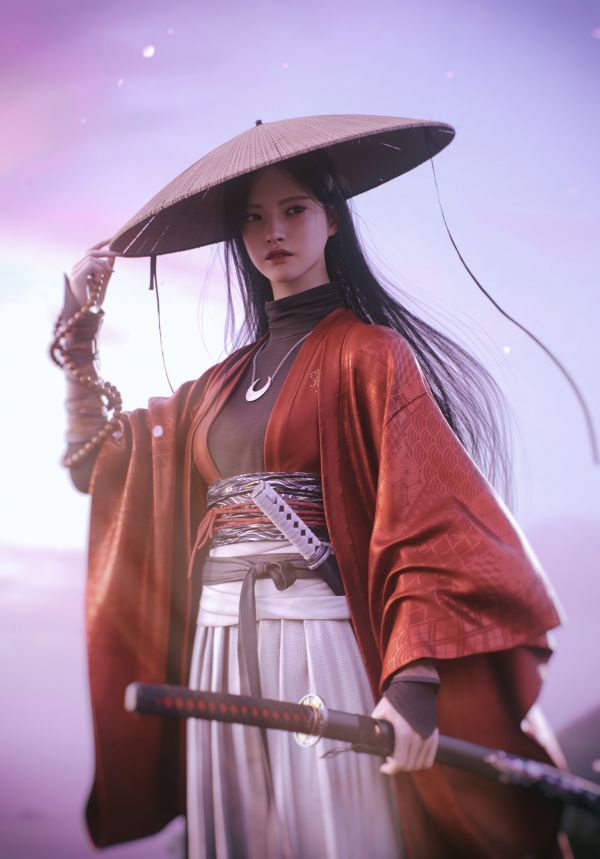 CGI,Kvinder,rød tøj,Kim Yeong Gyu,samurai,hat