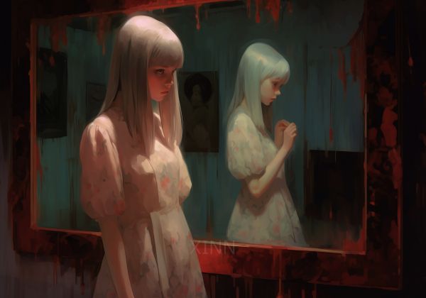 drawing,artwork,mirror,blood,white hair