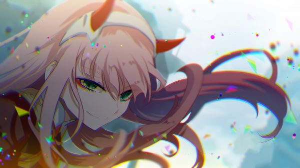 Anime cô gái,tóc dài,Nhìn vào người xem,Zero Two Darling in the FranXX,Darling in the FranXX,mỉm cười