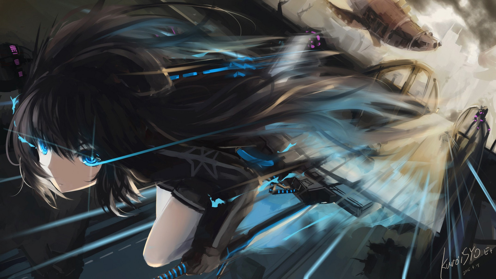 long hair, anime, anime girls, wind, twintails, fighting, Black Rock Shooter, Kuroi Mato, fiery eyes, screenshot, computer wallpaper