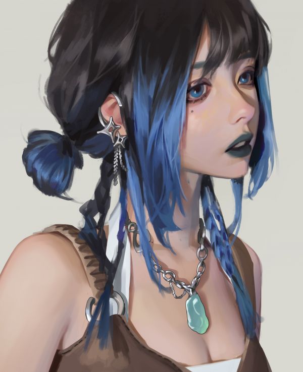 Liu Ming,dibujo,mujer,retrato,joyería,pelo azul