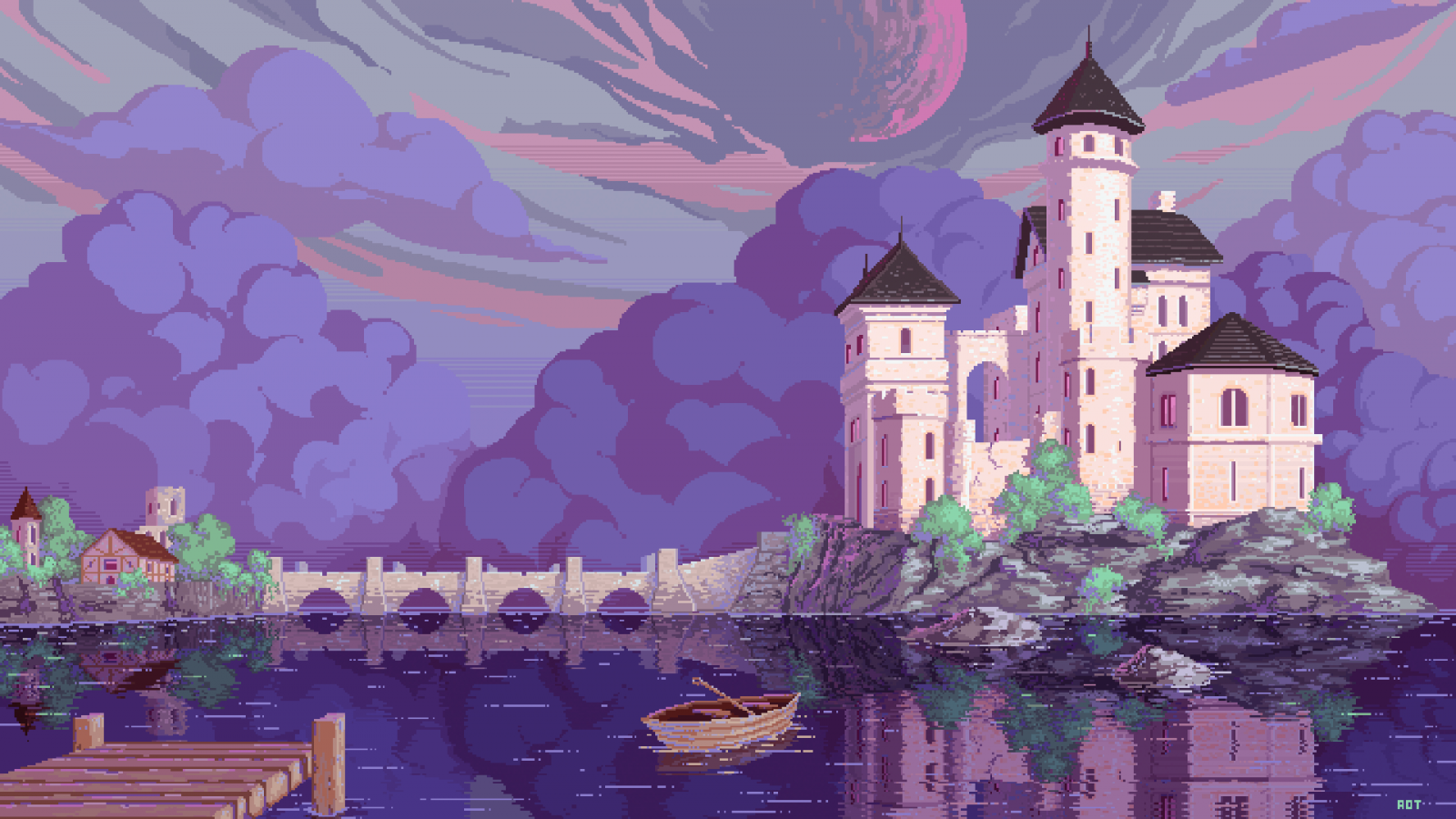 FromFable, Château, Pixel art, DeviantArt, Lac, bateau, jetée, vieux pont, des nuages, réflexion, art numérique, eau